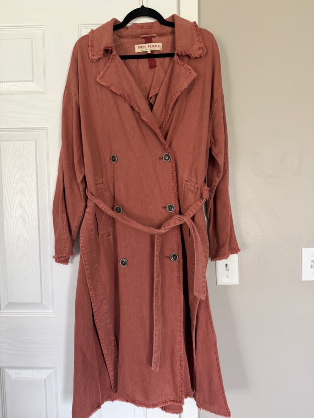 Free People Dusty Rose Long Coat Jacket Belted Double Breasted Trench Coat - Picture 8 of 11
